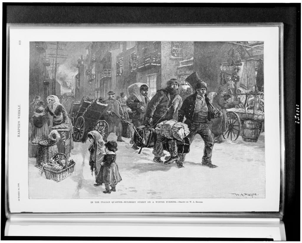 People carrying their belongings in the Italian quarter, on Mulberry Street, on a winter evening, in New York City.